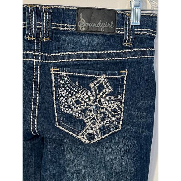 Soundgirl Jeans Womens Size 28" Waist Dark Blue Boot Cut Embroidered Low Rise - Picture 5 of 8